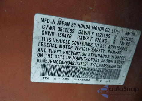 2010 Honda Fit Sport z USA, uszkodzony, nr VIN JHMGE8H63AS024532